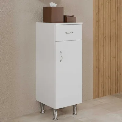 Produktbild von Bad-Unterschrank auf Füßen, mit Tür und Schublade in weißer Farbe | Easy