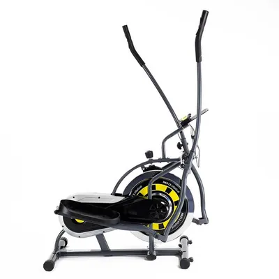 A side view of an elliptical trainer against a white background.
