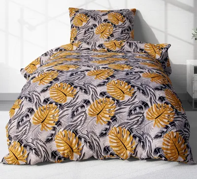 Produktbild von 2-teilige Renforce Bettwäsche 135x200cm und 80x80cm - Blätter in Grau, Schwarz und Orange - 100% Baumwolle, Bettgarnitur (KY-660/1-Renforce)
