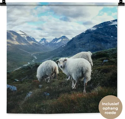 Produktbild von MuchoWow® Wandteppich Wandbehang Schafe - Natur - Berge 60x60 cm Tapisserie Dekoration Wandtuch - Dekorationen - Wand Decke