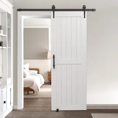 Produktbild von VEVOR Schiebetür im Scheunenstil Schiebetürsystem (762 x 2134 mm) aus hochfesten MDF-Platten, Scheunentor mit Hardware-Kit & wasserfester PVC-Oberfläche & H-Rahmen für Wohnzimmer Badezimmer Weiß