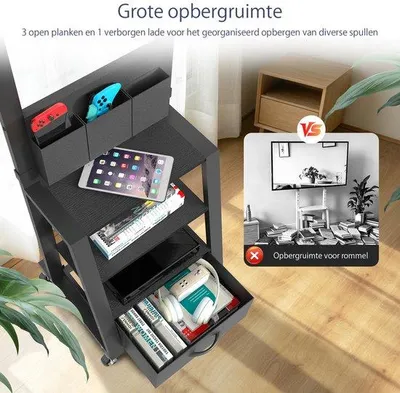 Obrázek produktu pro Mobilní televizní stolek s zásuvkou a 3 úložnými prostory pro ploché/zakřivené televizory o velikosti 23"-60" a hmotnosti až 72 kg, s nastavitelnou výškou, černý, s kolečky