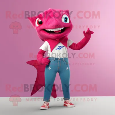 Produktbild von Magenta-Hai REDBROKOLY Maskottchen kostüm gekleidet in Schlagjeans und Ohrringe