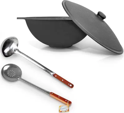 Produktbild von Uzbekischer 8L Kasan Gusseisen Ø37cm Schaumlöffel Camping Kessel Kazan Namangan