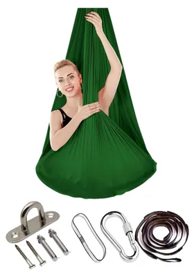 Produktbild von Aerial Yoga Hängematte Set 150x280 cm, Anti-Gravity YogaSwing, 200 kg Tragfähigkeit, Nestschaukel für Indoor-Übungen, Yoga-Hängematte mit Beschlägen (Grün)