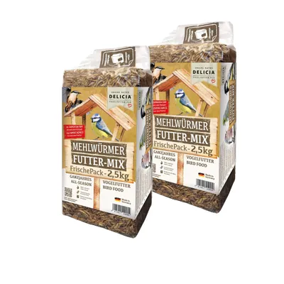 Produktbild von 2 x 2,5kg Delicia Mehlwürmer Futter Mix, Vogelfutter, Igelfutter, Reptilienfutter, Fischfutter, Hamsterfutter, 100% natürlich, Wildvogelfutter