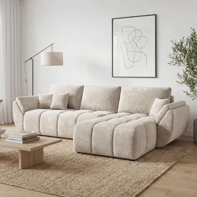 Produktbild von EZIMPAZ Ecksofa CALVANI Gesteppt mit Schlaffunktion und Bettkasten Cremig Rechts