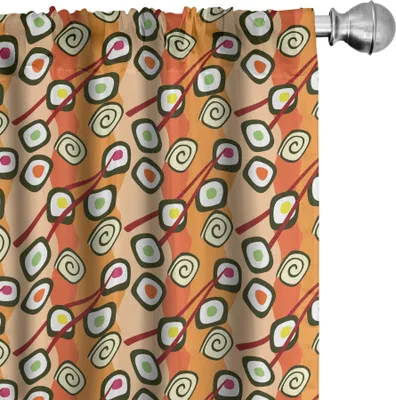 Image de ABAKUHAUS Rideaux Sushi, rideaux, cuisine japonaise Baguettes Illustration répétitive, 2 pièces 75 x 245 cm, terre de Sienne brûlée et multicolore