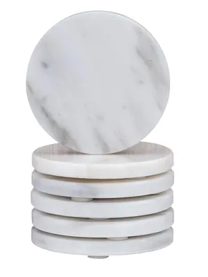 Produktbild von 6er Set Glas Untersetzer 10cm rund Marmor Natur Küchendeko Naturstein Schwarz Weiß Marmorierte Getränkeuntersetzer Rutschfest Tischgleiter Barzubehör