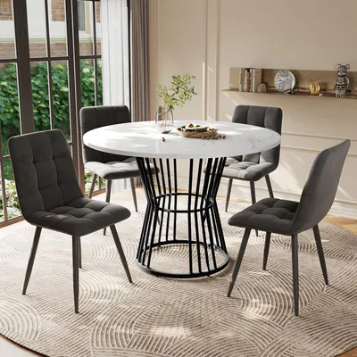 Image de Sweiko Ensemble de table de salle à manger (5 pièces), ensemble de table de salle à manger avec 4 chaises, ensemble de table de cuisine, table de salle à manger ronde de 100 cm de diamètre avec pieds en métal noir, plateau en MDF blanc, chaises de salle à manger en velours gris foncé