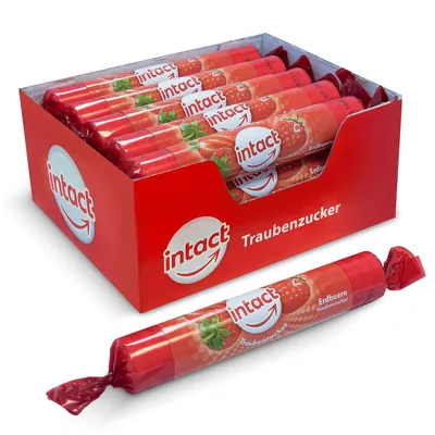 Produktbild von intact Traubenzucker (Erdbeere) Rolle 15 St. - Multipack (15 x 40g) Traubenzucker Bonbons - 100% Vegan
