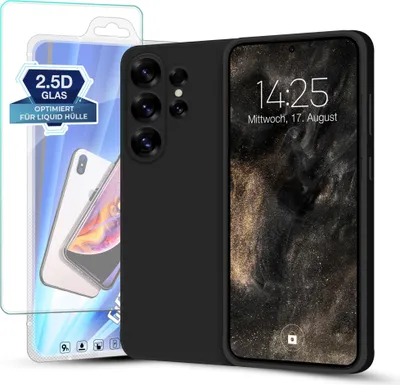 A black phone case and screen protector are displayed next to a smartphone.