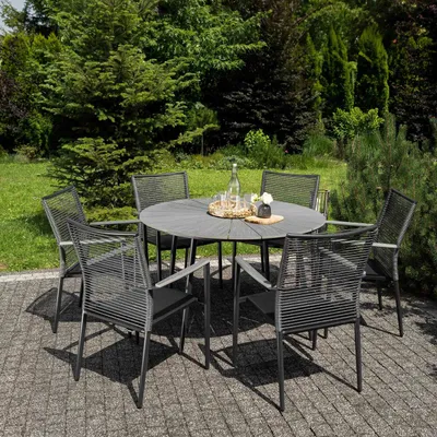 Produktbild von di volio Gartenmöbel ARONA, runder Gartentisch mit 6 Stühlen, mit Armlehnen - Set, Essgruppe für 6 Personen, langlebig & wetterfest