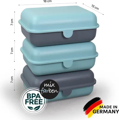 Produktbild von Lunchbox 3er Set 1200 ml – Brotdosen mit Deckel, BPA-frei, mikrowellen & spülmaschinengeeignet, Germany, für Kinder & Erwachsene