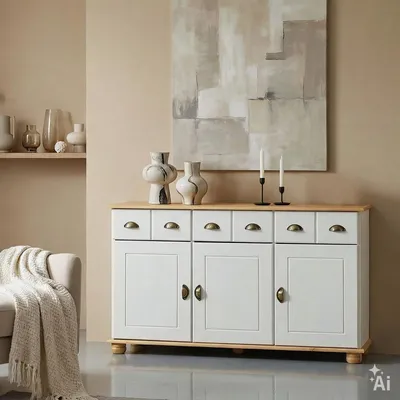Produktbild von Apothekerkommode COLMAR, Weiß/Braun - Sideboard mit 3 Schubladen und 3 Türen, im Landhausstil, Kiefer Massivholz, Muschelgriffe aus Metall, ideal für Flur, Schlafzimmer oder Wohnzimmer