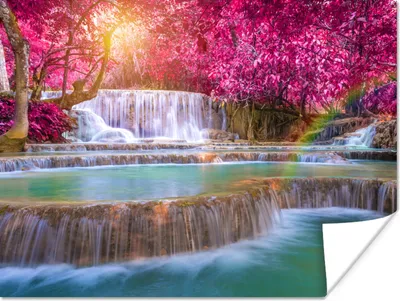 Produktbild von MuchoWow® Poster Wasserfall - Regenbogen - Bäume - Rosa - Natur 120x90 cm - Wandbild