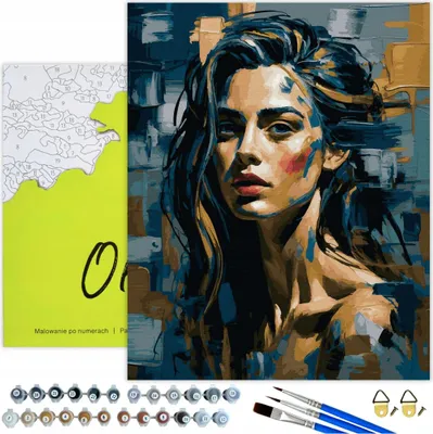 Produktbild von Malen nach Zahlen Erwachsene Frau Porträt Kraft 50x40 - 31 Acrylfarben, Leinwand mit Holzrahmen, 3 Pinseln, Zubehör, Goldfarbe Oh Art!