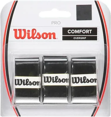 A retail package containing three black Wilson Pro Comfort overgrips for tennis rackets.