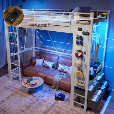 A loft bed with a sofa underneath, decorated with LED lights.