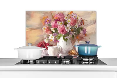 Obrázok produktu pre MuchoWow® Splashback Kuchyňa - Kuchynský backsplash - Ochrana steny pre sporák a drez Maľba - Kvety - Váza - Olejomaľba 60x40cm Alu-Dibond