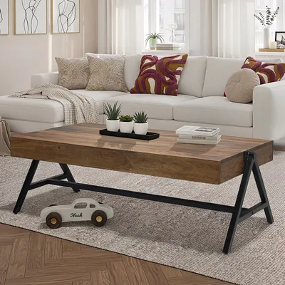 Produktbild von FineBuy Couchtisch Sheesham Massivholz 120cm · Handgefertigter Wohnzimmertisch mit schwarzem Metallgestell · Moderner Sofatisch im Industrial Design