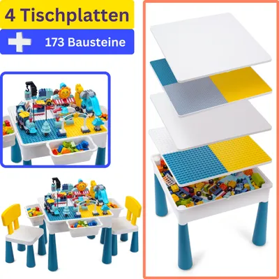 Produktbild von WonderMind® Spieltisch + 173 Bauklötze (DUPLO & LEGO kompatibel)  - Sandkasten (drinnen oder draußen) mit 2 Tischplatten und 2 Stühlen