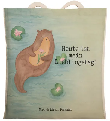 Produktbild von Mr. & Mrs. Panda Beutel Otter Seerose Design - Weiß - Geschenk, Seeotter, Stoffbeutel, Fluss, shopping bag, Tote, Lieblingstag, Tasche, Wasser, Einkaufstasche