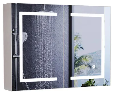 Obrázok produktu pre Zrkadlová skrinka do kúpeľne – nástenná skrinka so zrkadlom – 80 x 60 x 13,5 cm – 2 dvierka – LED osvetlenie (3000–6500 K) – dotykový senzor s funkciou pamäte – biela farba
