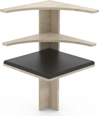 A three-tiered corner shelf unit with a wood-grain finish and a black shelf on the bottom.