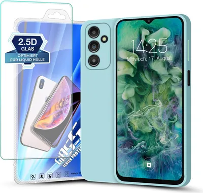 Produktbild von Hülle für Samsung Galaxy A14 5G mit 9H Displayglas Displayschutz Plus Case Cover Bumper Silikon Softgrip Schutzhülle Farbe: Hellblau