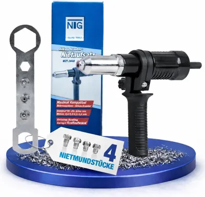A product shot of a rivet tool set with its packaging and accessories, displayed on a blue circular base with metal shavings.