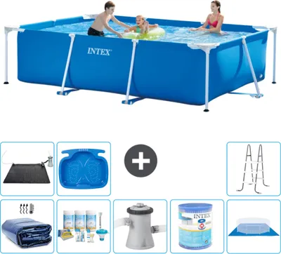 Produktbild von Intex-Schwimmbecken mit rechteckigem Rahmen – 300 x 200 x 75 cm – Blau – im Lieferumfang enthalten Sonnensegel - Wartungspaket - Filterpumpe für Schwimmbad - Filter - Bodenplane - Solarmatte