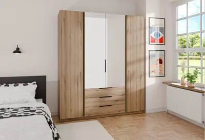 Produktbild von Geräumiger Drehtürenschrank KAYA XIV 200 cm, Kleiderschrank mit Spiegel & Schubladen (Farbe: Eiche Evoke)