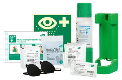 Produktbild von Augenspülung Starter Kit, 500 ml gepufferte Lösung, lang nachleuchtend, komplett für Augenspülstation