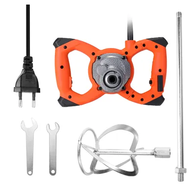 A set of tools and parts for a mixer, including the mixer body, a power cord and plug, two wrenches, a mixing rod, and a mixing paddle.