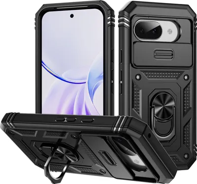 Obrázek produktu pro Pouzdro pro Google Pixel 9A posuvná ochrana kamery, robustní nárazuvzdorné, s držákem prstenu, stojánkem a držákem na karty černé