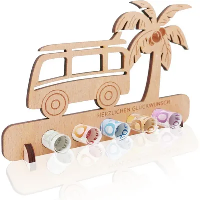 Productafbeelding van Houten decoratieve spaarbox voor cadeaugeld, geschikt voor verjaardag, reis, vakantiegeld, met 5 openingen van 1,5 cm diameter