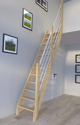 Produktbild von Raumspartreppe Fichte 3000 gerade-Holz-Edelstahl Geländer weiß-rechts