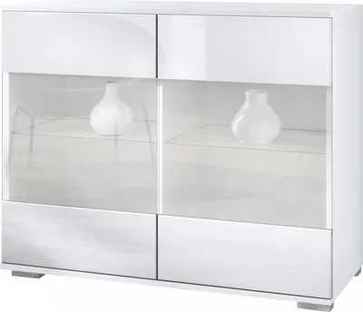 Produktbild von Vladon Kommode Bari V3, Moderner Küchenschrank mit 2 großen Glastüren inkl. RGB Beleuchtung Weiß matt / Weiß Hochglanz (92,5 x 75.5 x 35)