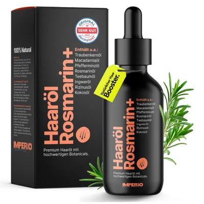 Produktbild von IMPERIO Haaröl Rosmarin+ gegen Haarausfall - 60ml - Premium Rosmarinöl & weitere hochwertige Öle für Haare & Kopfhaut zur Anregung des Haarwachstums - 100% natürlich - ohne Zusätze