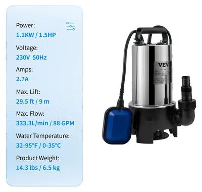 Immagine prodotto di Pompa per acque reflue, prevalenza massima 7,6 m, protezione IPX8, 1100 W / 1,5 HP, UE