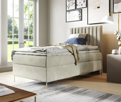 Produktbild von GUTTO Boxspringbett JILL 90 x 200cm mit Bettkasten TOPPER 5cm Gratis Beige Velour hohe goldene Beine