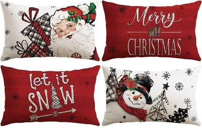 Produktbild von Unyqoos® Set mit 4 Weihnachts-Kissenhüllen 40 x 60 cm, Polyester‑Leinen, dekorative Kissenbezüge mit verdecktem Reißverschluss