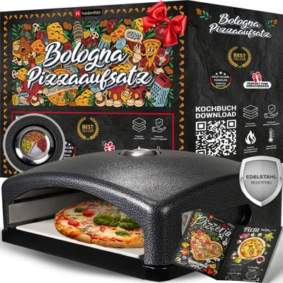 Produktbild von Heidenfeld Pizzaaufsatz Bologna | Pizzaofen Grillaufsatz - Bis 540°C - Inkl. Thermometer & Pizzastein - Geeignet für Holz- und Gasgrill