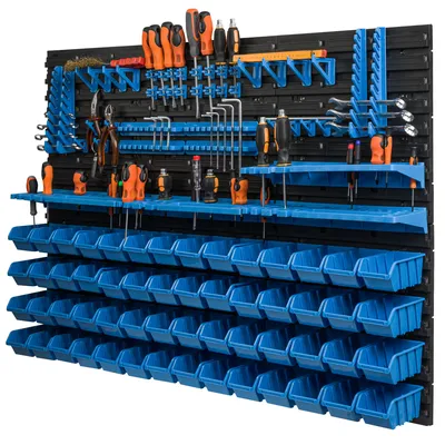 A wall-mounted tool organizer with various tools and storage bins.
