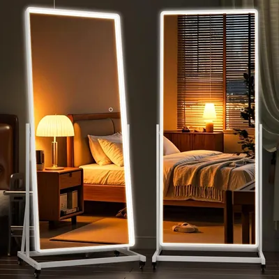 Immagine prodotto di Specchio da parete con rotelle, dimensioni 165 x 46 cm, rotazione a 360°, illuminazione a LED, colore bianco