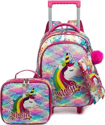Produktbild von Famanu Schulranzen mit Rollen, für Mädchen, Einhorn-Motiv, 3-teilig