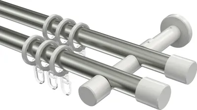 Produktbild von Interdeco Gardinenstange / Vorhangstange Edelstahl-Optik / Weiß, Typ Prestige Santo (Kappe), 20 mm Ø 2-läufig, 320 cm