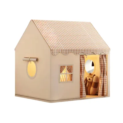 Produktbild von Kinder Spielhaus Braun 130 x 125 x 95 cm Spielzelt mit Vorhängen und Fenstern