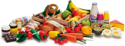 Immagine prodotto di Accessori per negozi Erzi, frutta in legno, verdura in legno, drogheria in legno, selezione di negozi, 43 pezzi in legno